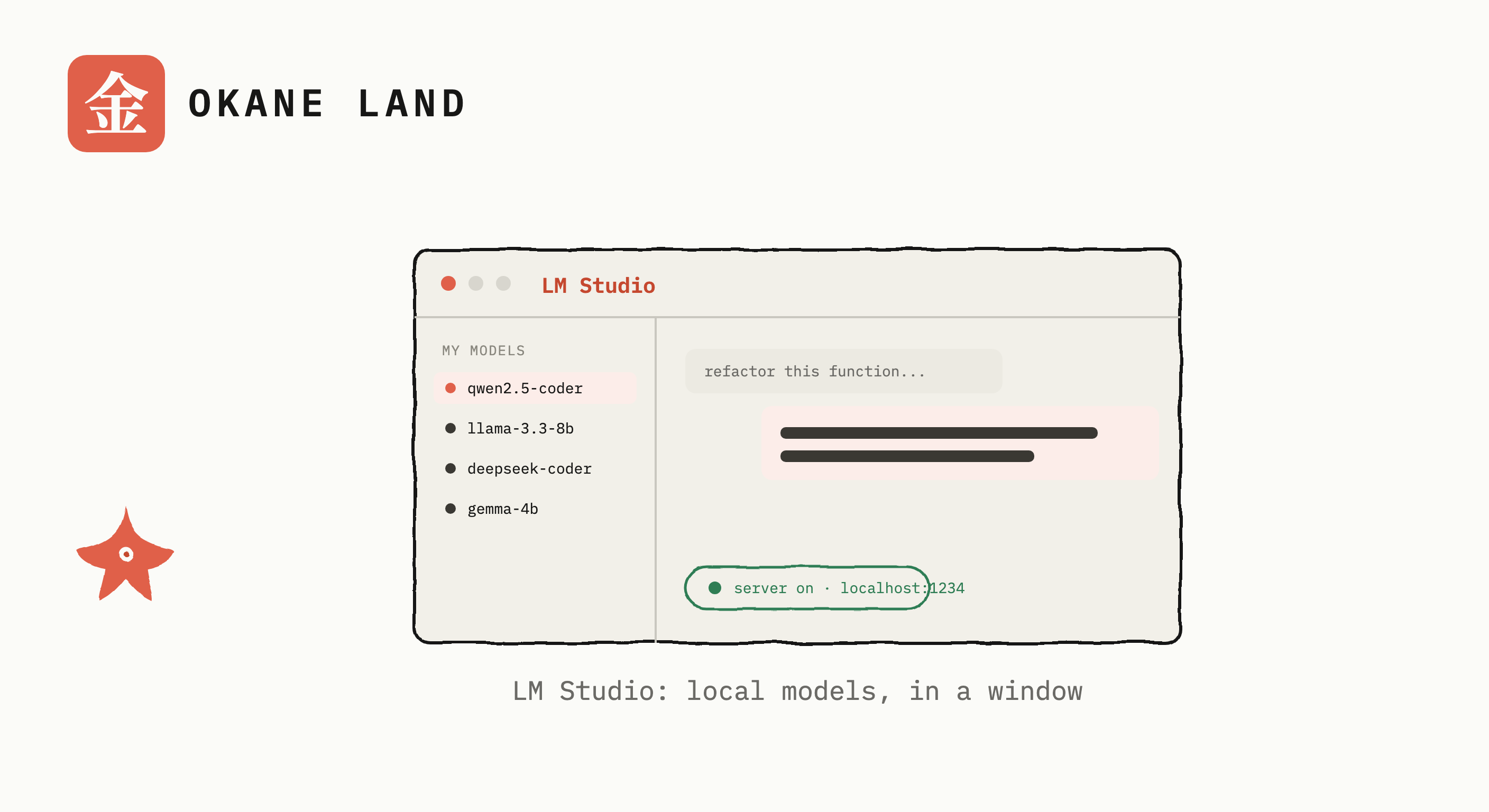 A hand-inked desktop window of LM Studio with a downloaded model and a chat, a local server toggle labelled port 1234 wiring out to VS Code, Codex, and Claude Code, the Okane Land starfish clicking start.
