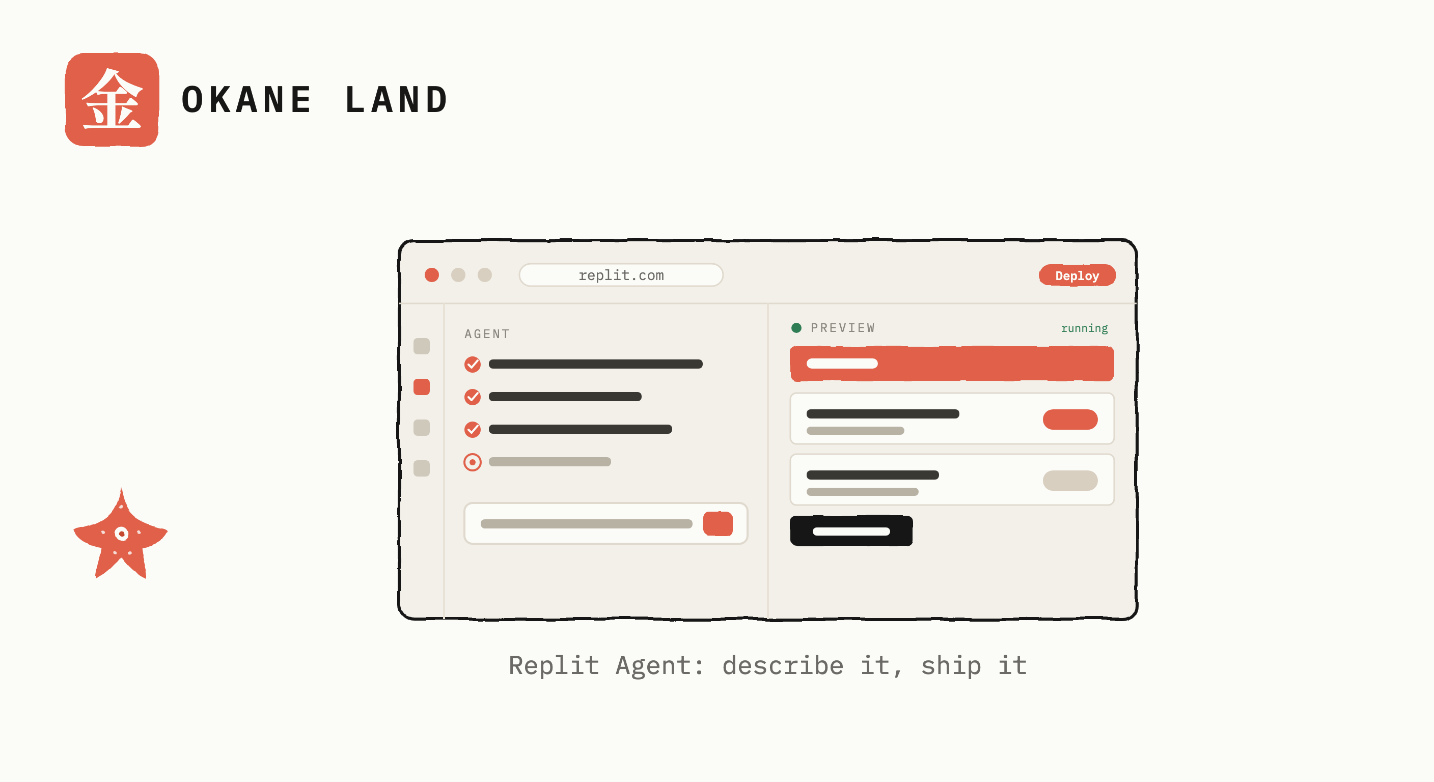 A hand-inked cloud-IDE window: an activity rail, the Replit Agent building an app through a checkpoint list, and a live preview beside a Deploy button, with the Okane Land seal top-left and the starfish watching from the lower left.