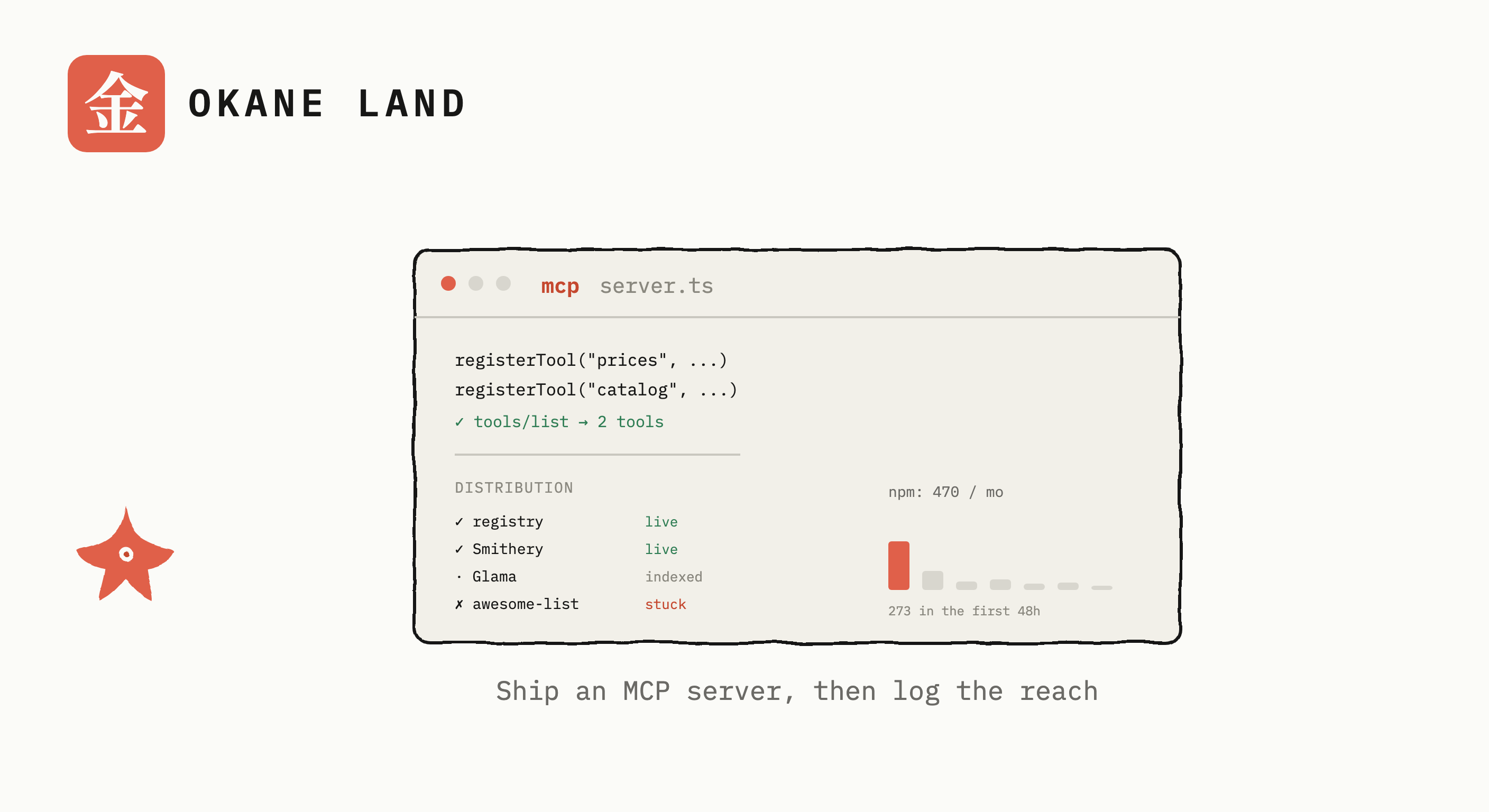 A hand-inked two-panel: on the left a minimal MCP server as a small labelled box with one tool wired in, on the right six directory mailboxes with three flags up, one envelope stuck half-in, two question marks, the mascot starfish posting a letter.