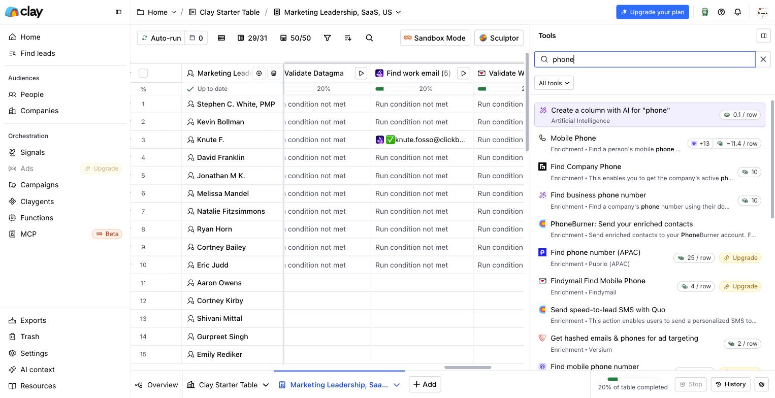 Clay phone enrichment catalog: Mobile Phone is a thirteen-provider waterfall at about 11.4 credits a row, with several providers tagged Upgrade
