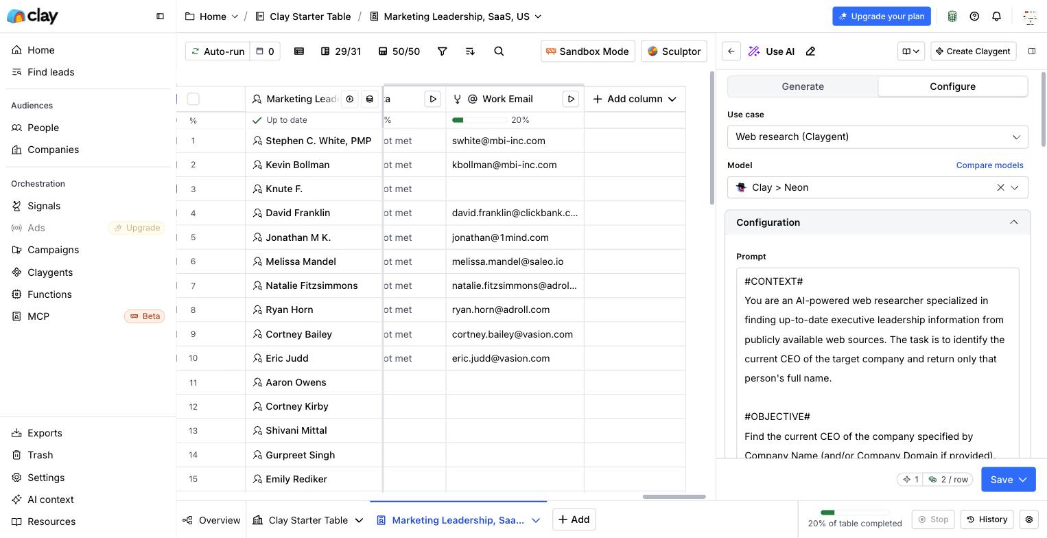 Clay's Use AI configuration auto-set to Web research (Claygent) on the Clay Neon model, with an auto-written structured research prompt