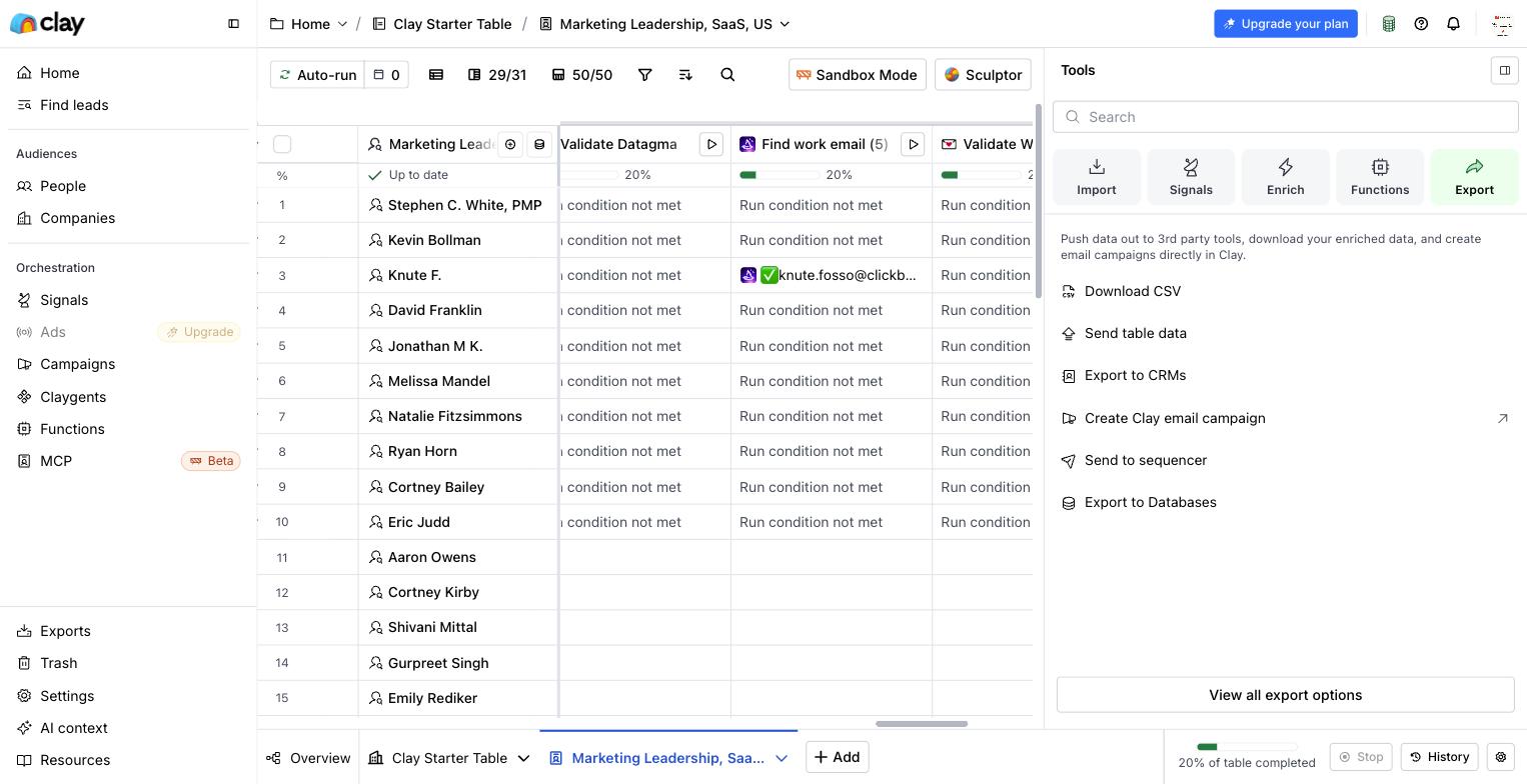 Clay export menu: Download CSV, Send table data, Export to CRMs, Create Clay email campaign, Send to sequencer, Export to Databases