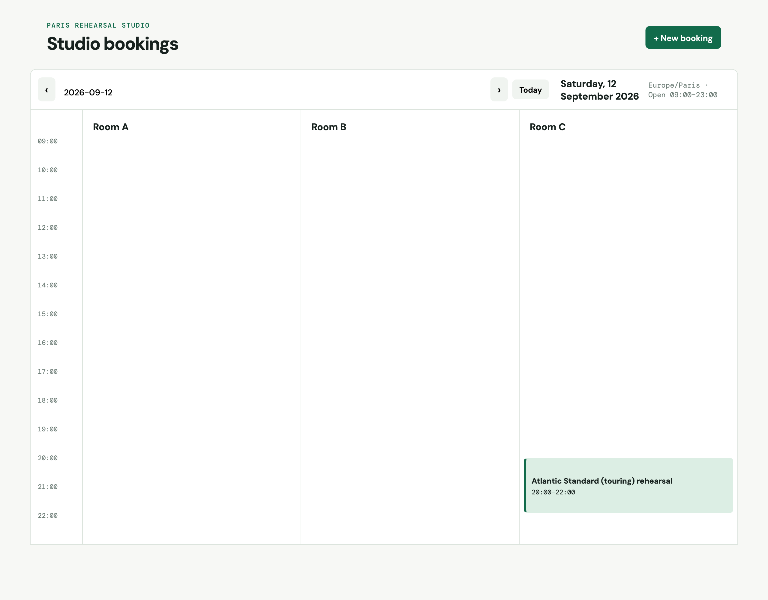 The day view of the Codex build on Saturday 12 September 2026: three room columns from 09:00 to 23:00, empty except one green block in Room C at 20:00 to 22:00 labelled Atlantic Standard (touring) rehearsal, the New York event landed at Paris time.