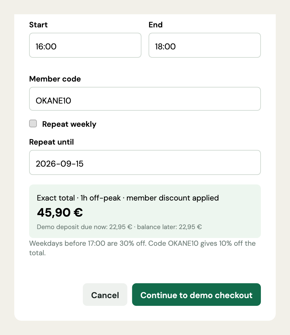 The booking form of the Codex build, captured from the running app: Room A on Wednesday 16 September, 16:00 to 18:00, member code OKANE10, and a green quote panel reading exact total, one hour off-peak, member discount applied, 45,90 euro, demo deposit due now 22,95 euro, above a button labelled Continue to demo checkout.