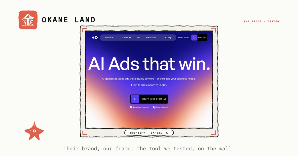 Creatify's AI Ads That Win landing hero on its purple-to-orange gradient, mounted on washi paper inside a hand-inked Okane Land frame with coral corner ticks and an Exhibit A label.