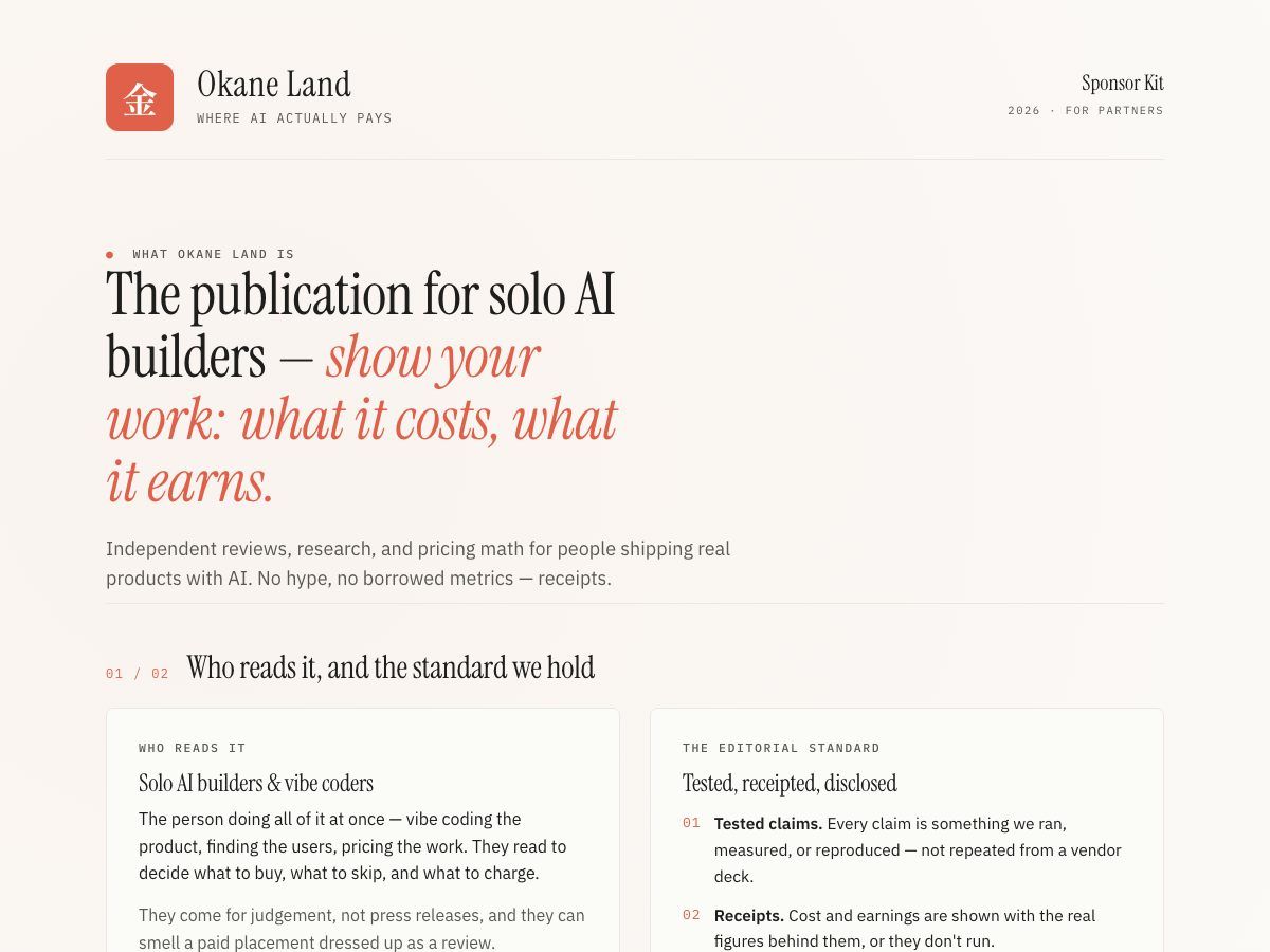 The generated sponsor media kit header: Okane Land seal, serif headline with coral italic, and cards for who reads it and the editorial standard