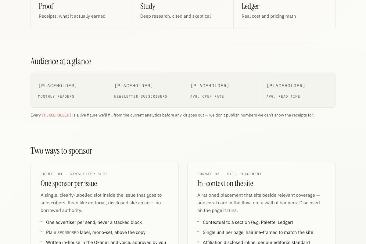 The media kit's audience section with four placeholder cells for readers, subscribers, open rate and read time, plus two sponsorship formats each priced as PRICE TBD