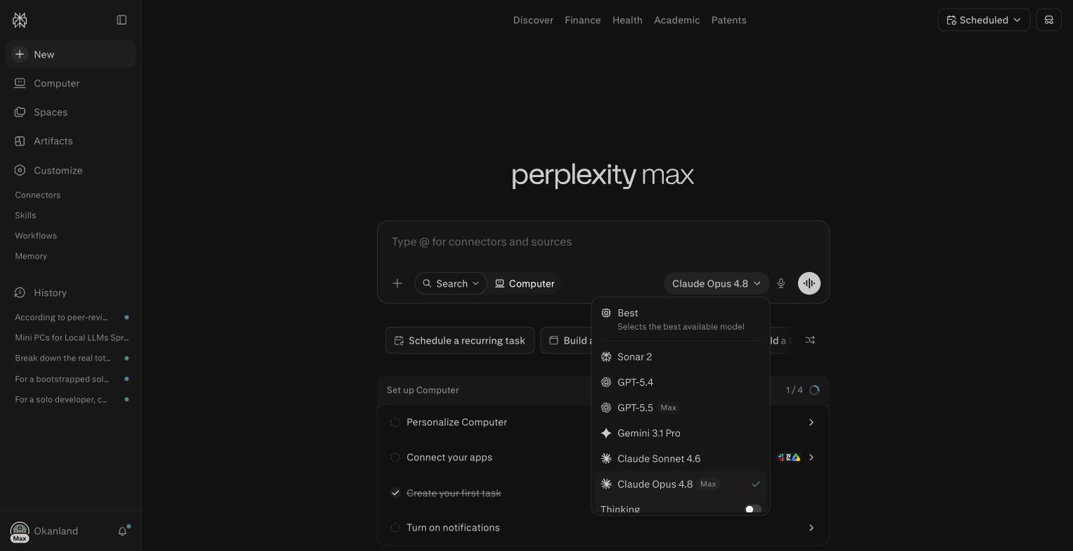 Perplexity Max model picker showing nine models, with GPT-5.5 and Claude Opus 4.8 tagged Max