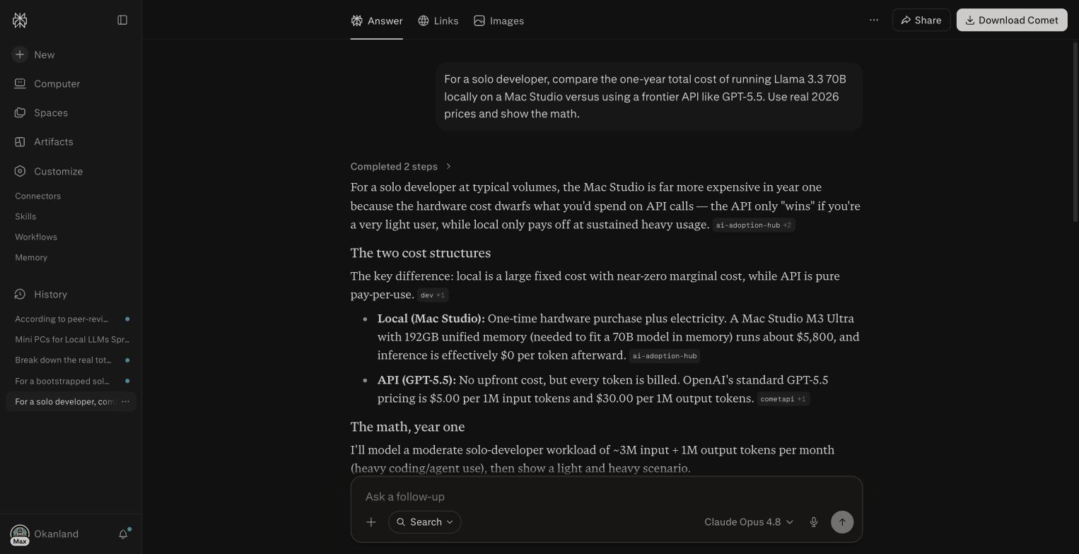 Claude Opus 4.8 answer comparing local Mac Studio versus frontier API costs with two cost structures and pricing