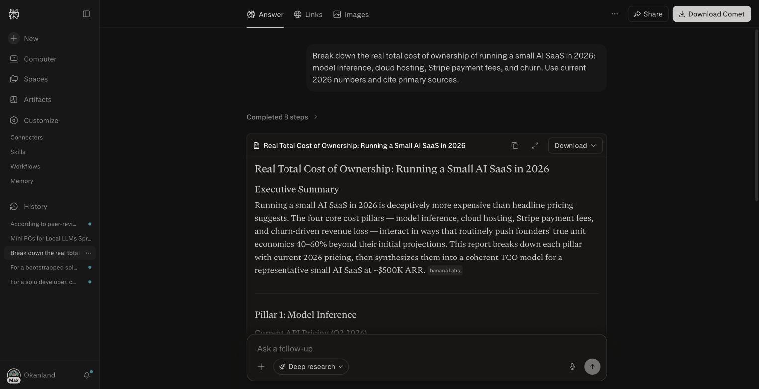 Deep Research report titled Real Total Cost of Ownership Running a Small AI SaaS in 2026 with an executive summary