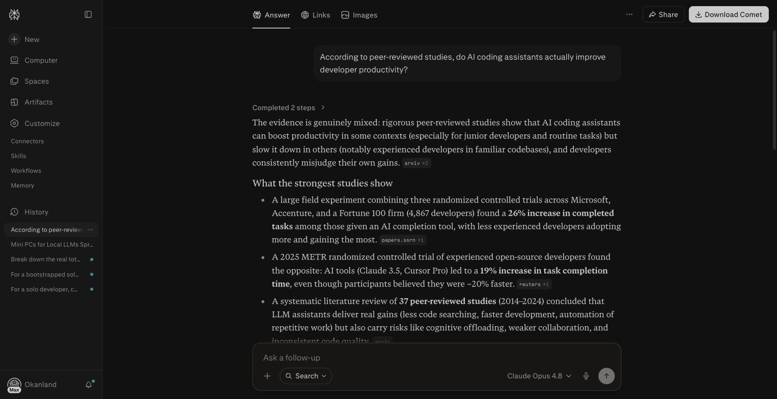 Perplexity Academic answer on AI coding productivity citing arxiv and InfoQ, with the METR and Microsoft study findings