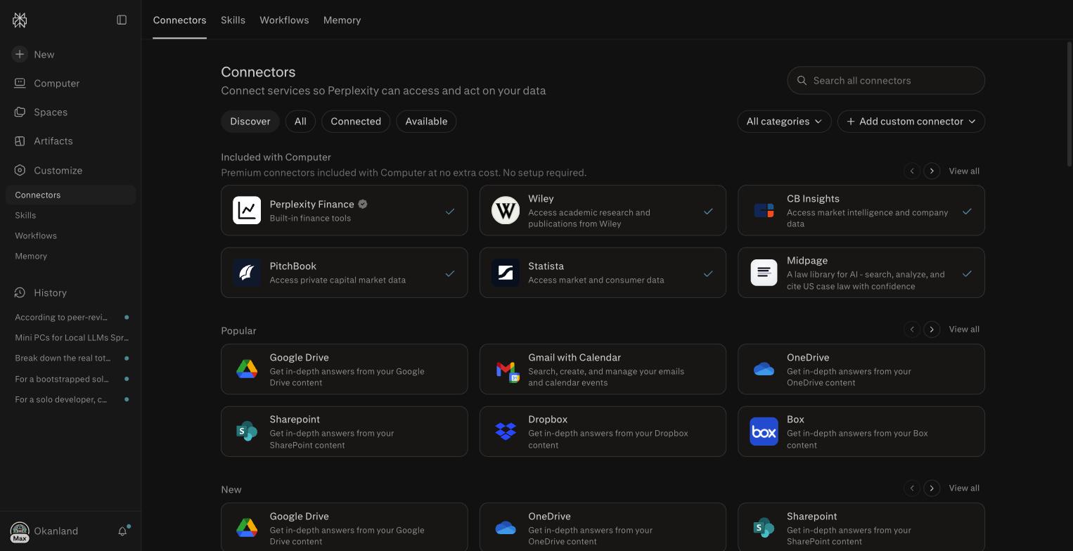 Perplexity Connectors page showing premium data sources PitchBook, CB Insights, Statista, Wiley included with Computer
