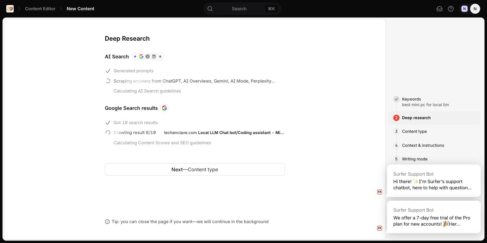 Surfer Deep Research scraping answers from ChatGPT, AI Overviews, Gemini, AI Mode and Perplexity while crawling 10 Google results