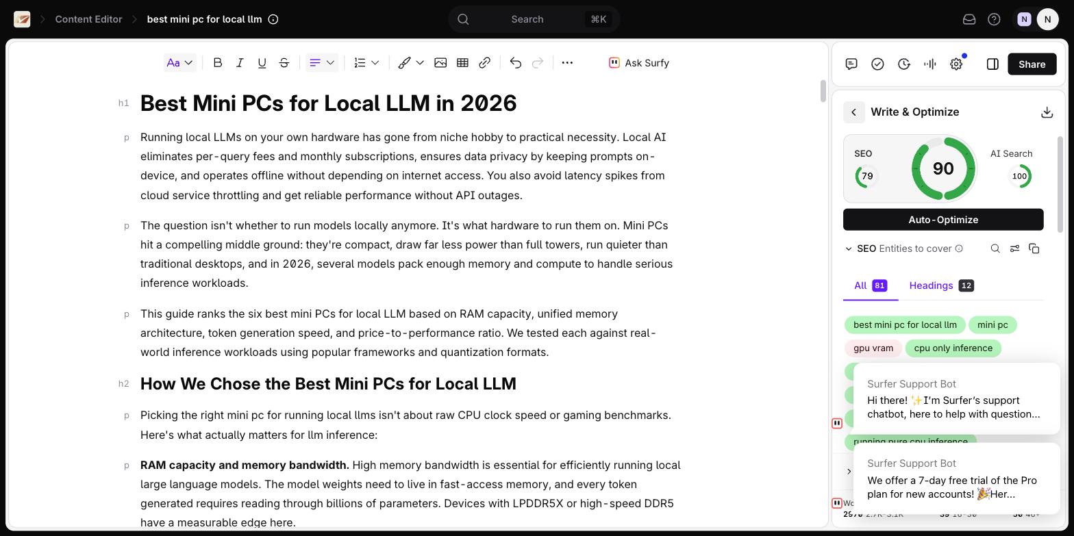Surfer Write and Optimize panel showing Content Score 90 split into SEO 79 and AI Search 100 with a term list