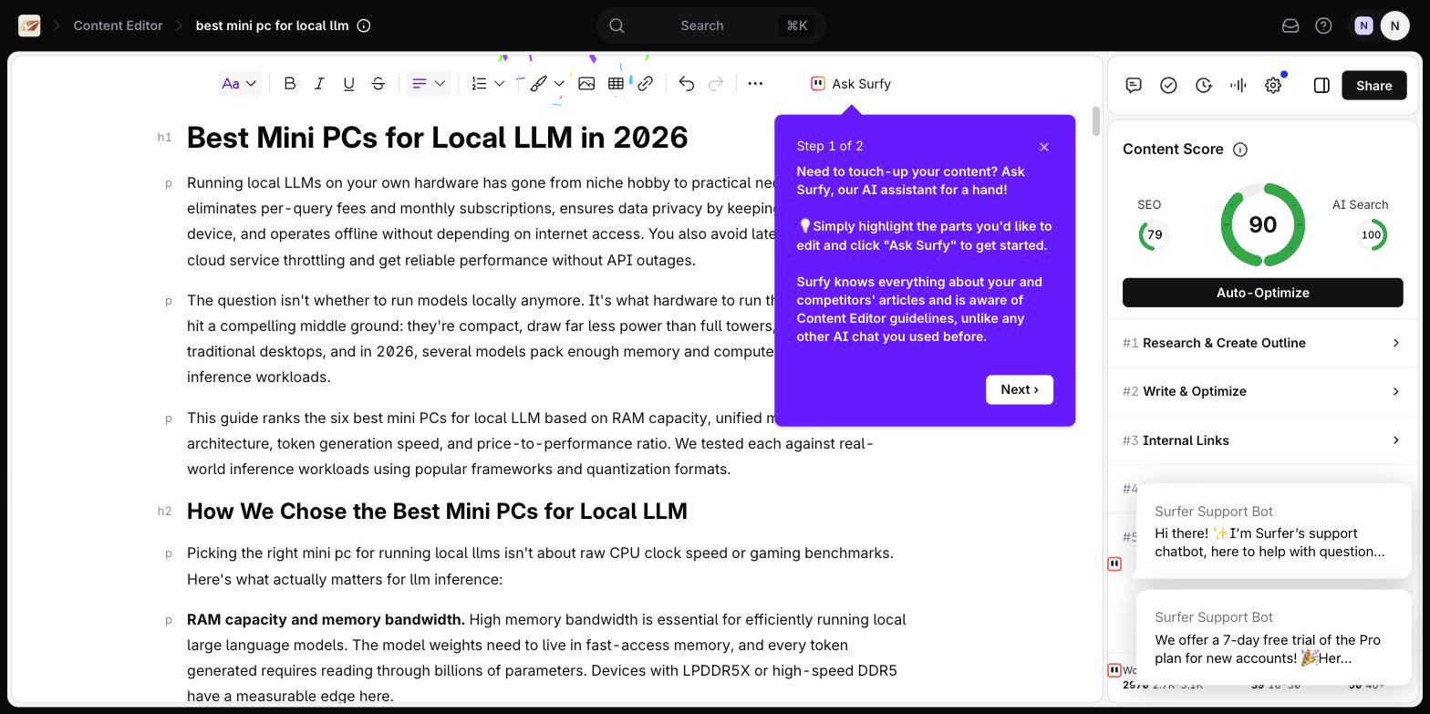 Surfer's AI-generated listicle open in the Content Editor