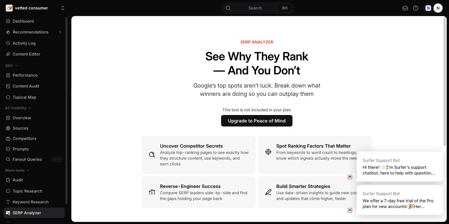 Surfer SERP Analyzer locked behind an Upgrade to Peace of Mind wall