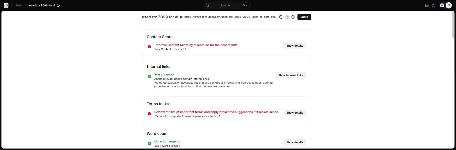 Surfer Audit report on a live page showing a Content Score of 30, 75 of 95 terms to fix, plus internal links and word count checks