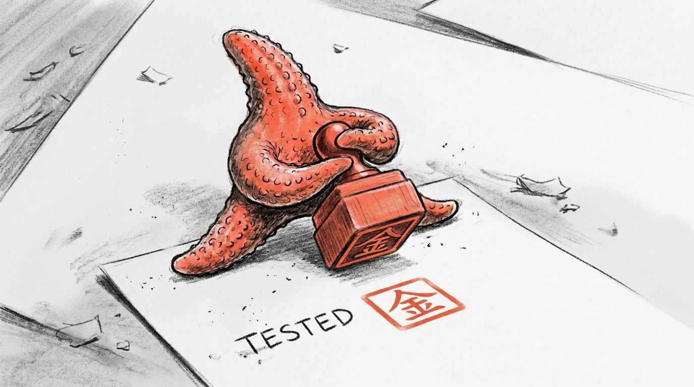 The Okane Land starfish hugging a coral 金 seal stamp and pressing it onto a page, beside a TESTED stamp impression.