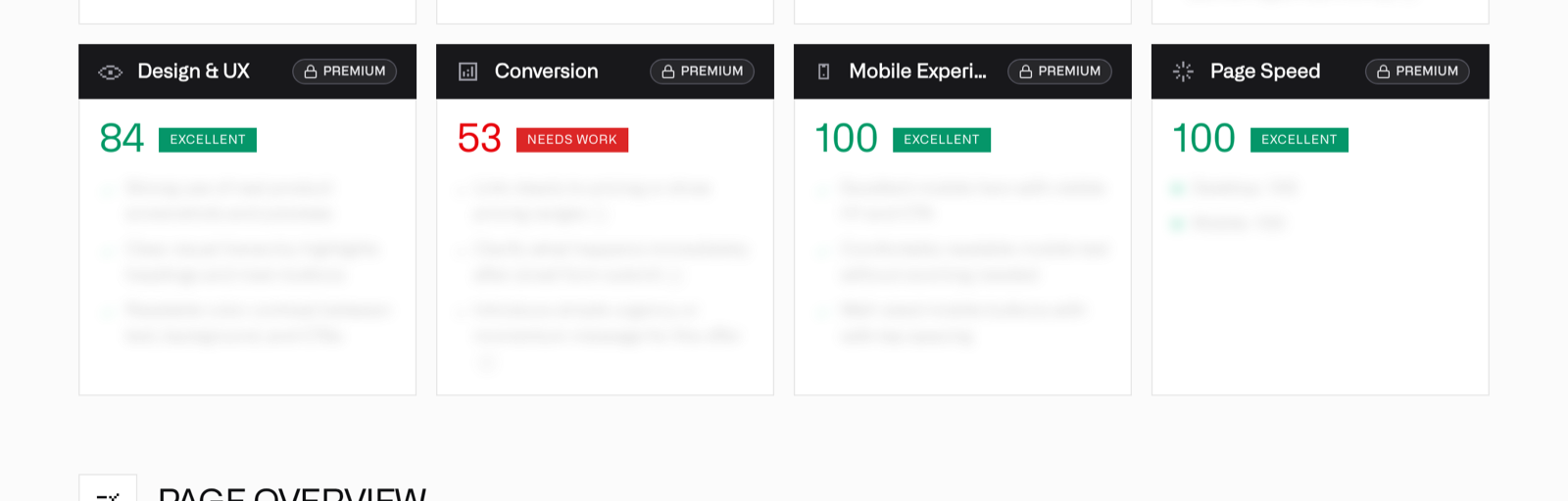 Four scoring categories from the free preview report, with scores visible, 84, 53, 100 and 100, and every recommendation bullet blurred behind a PREMIUM lock badge.