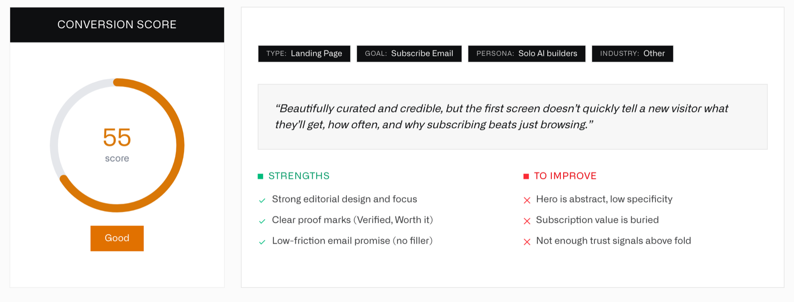The executive summary of the fresh report on okaneland.com: detected type Landing Page, goal Subscribe Email, persona Solo AI builders, industry Other, with the verdict that the page is beautifully curated and credible but the first screen does not say what a subscriber gets, plus three strengths and three improvements.