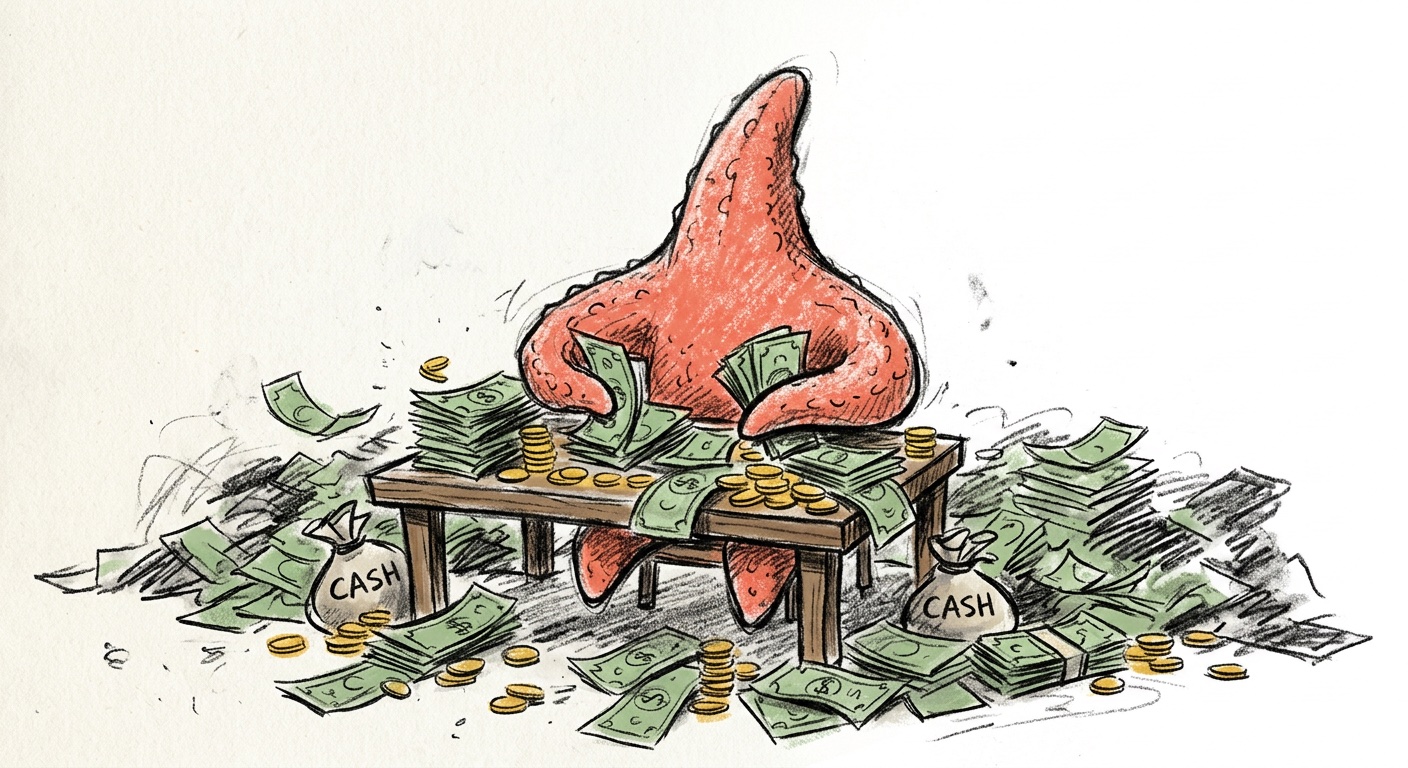 A coral woodblock starfish at a table counting stacks of cash with coins and money bags, the mascot of The Ledger.
