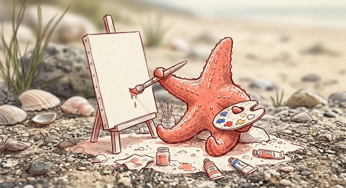 A coral woodblock starfish painting at an easel on a beach, the mascot of The Palette directory.