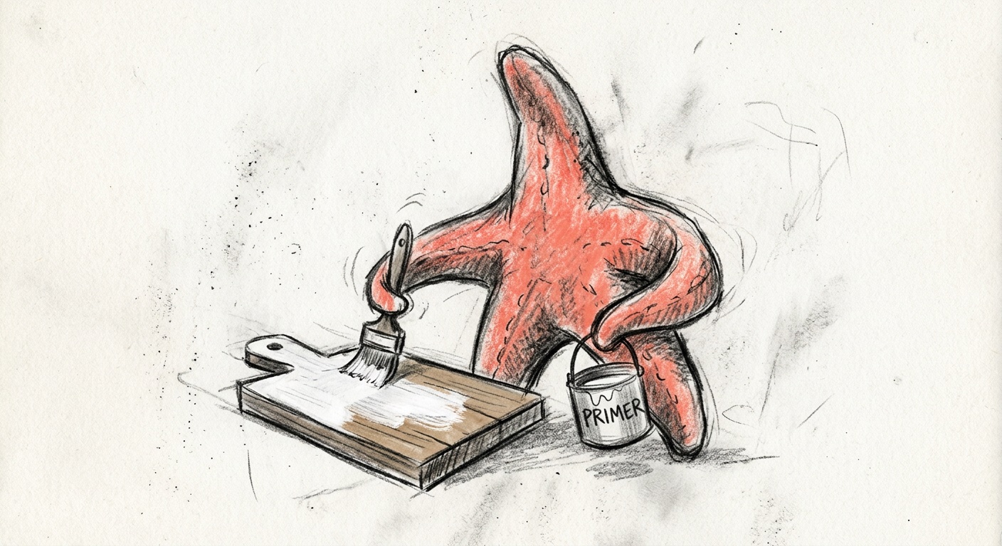A coral woodblock starfish priming a board with a brush beside a can of primer, the mascot of The Primer.