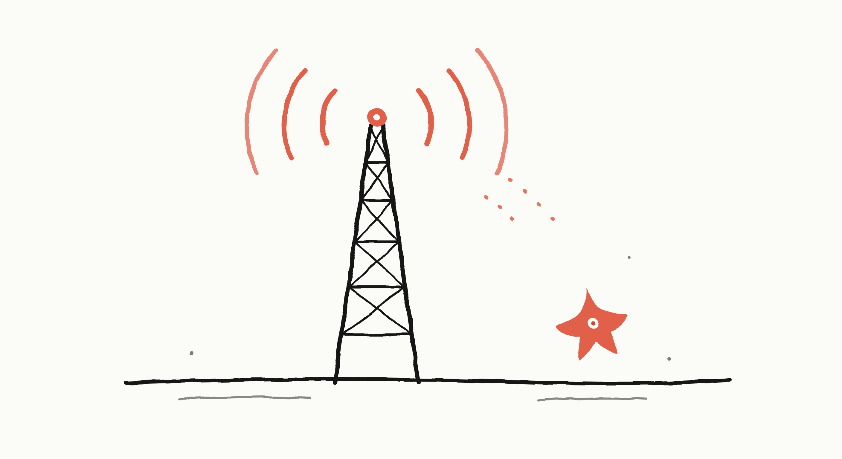 A hand-inked radio mast broadcasting coral signal arcs while the Okane Land starfish listens below, the mascot scene of The Signal.