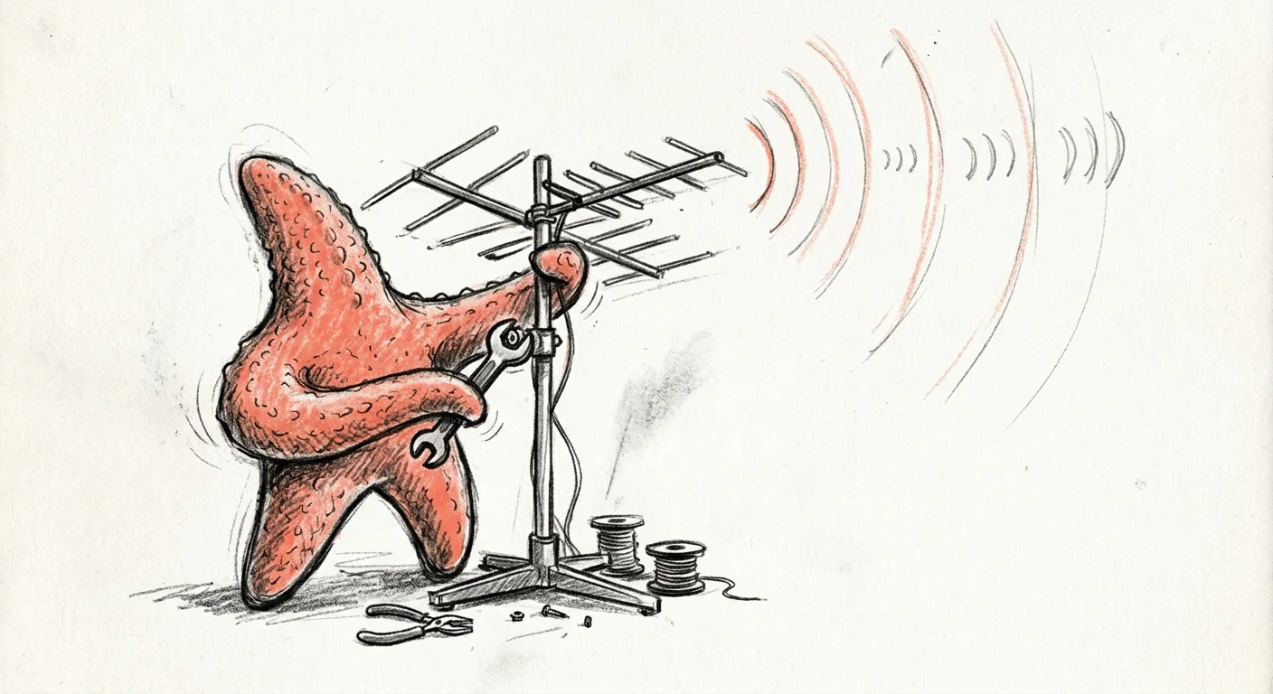 A hand-inked coral starfish kneeling with a wrench to tune a rooftop aerial, coral signal arcs radiating from it, the mascot scene of The Signal.