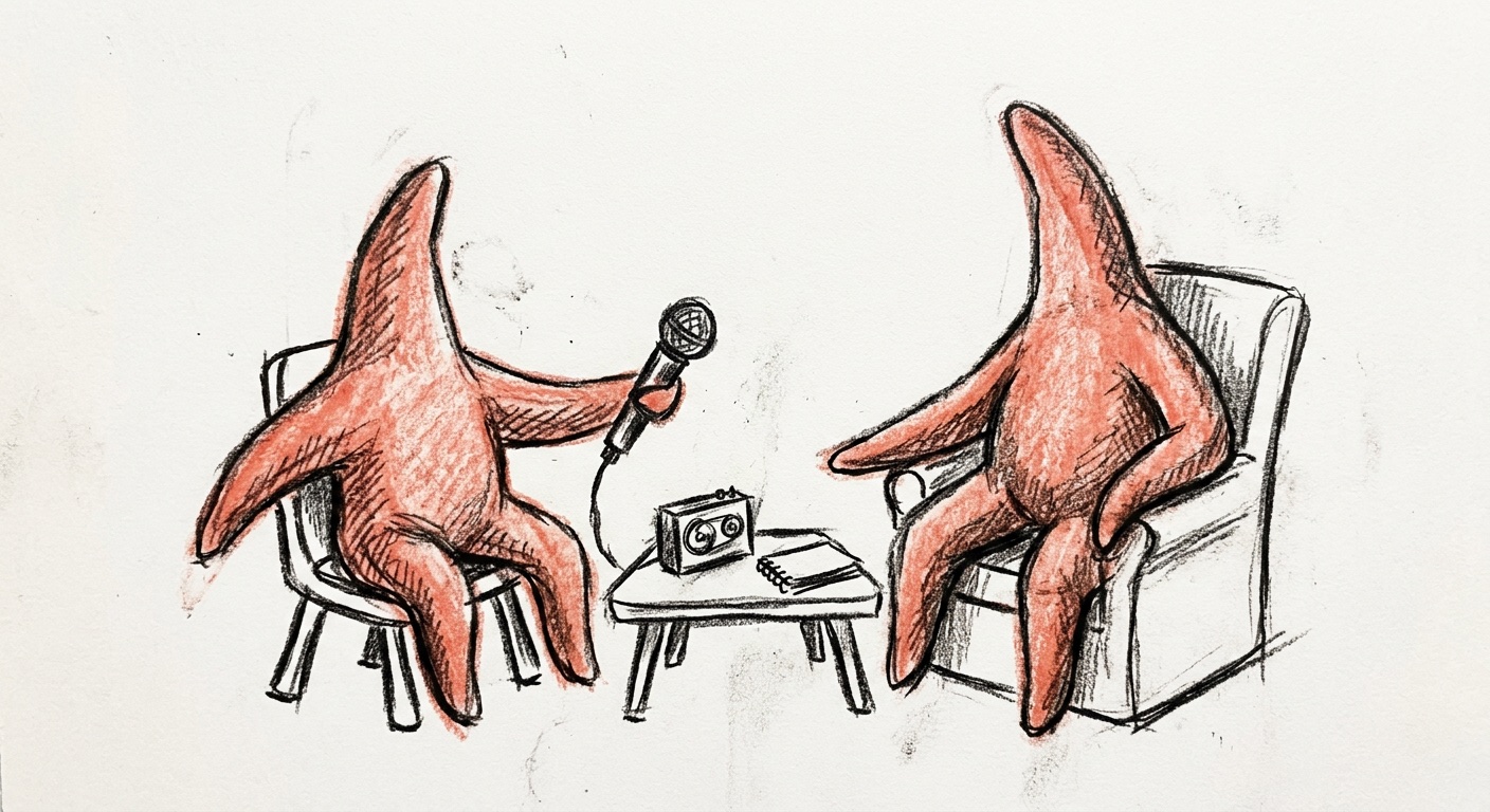 Two coral woodblock starfish seated for an interview, one holding a microphone, the mascot of The Studio.
