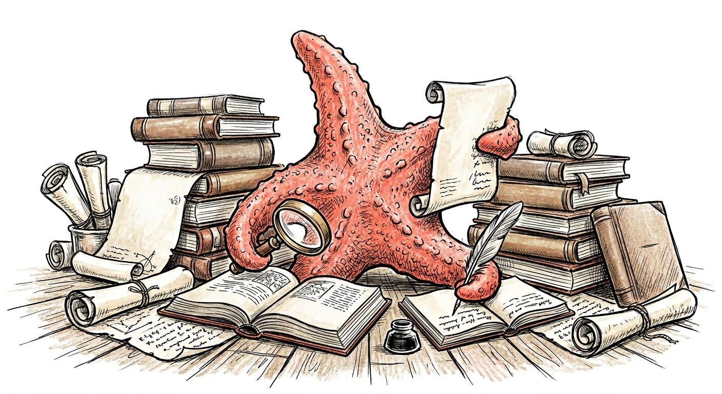 A coral woodblock starfish at a scholar's desk surrounded by books, scrolls, a quill and a magnifier, the mascot of The Study.