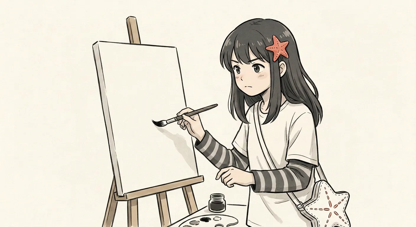Okane-chan painting at a wooden easel, brush raised to a blank canvas, ink dish and palette at her feet.