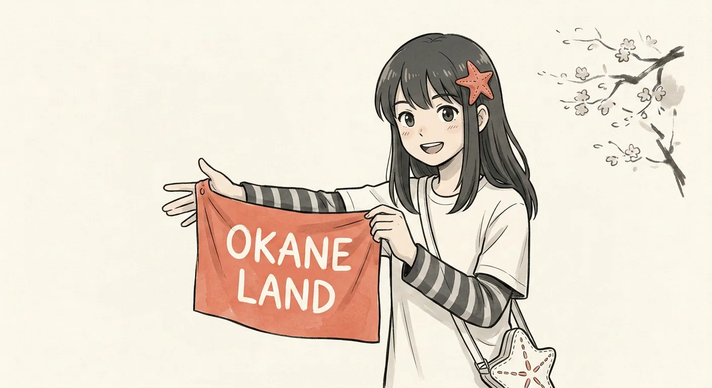 Okane-chan smiling and holding up a coral cloth banner that reads Okane Land, a plum branch behind her.