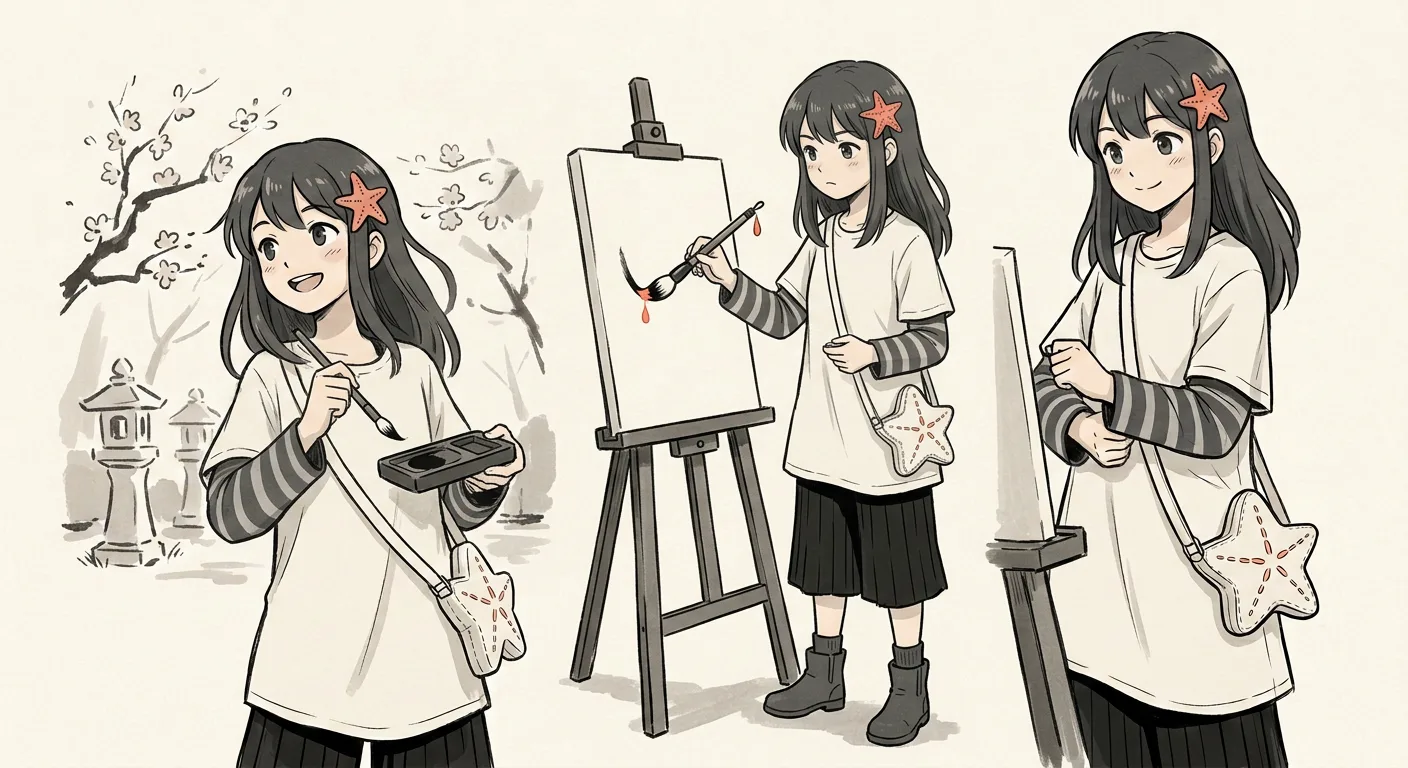 Okane-chan in three poses around an easel: mixing paint, painting the canvas, and standing back with her arms crossed.