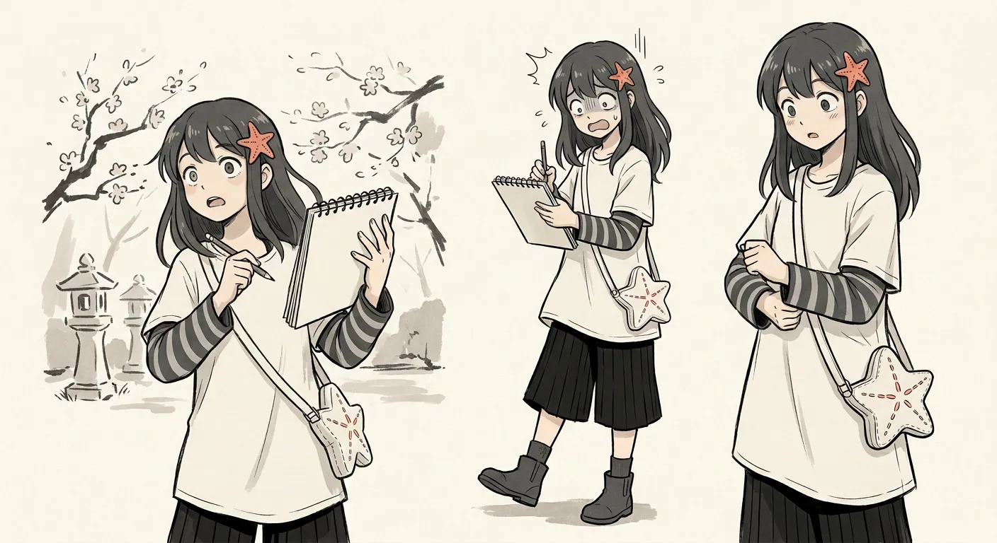 Okane-chan in three poses with a notebook, alarmed, scribbling, and staring at what she wrote, plum blossoms behind.