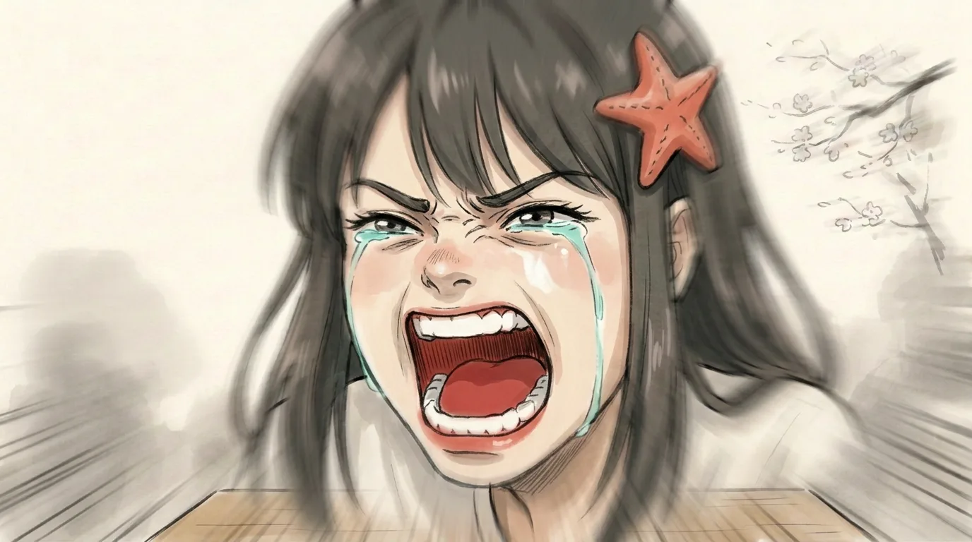 Close-up of Okane-chan mid-scream, tears flying, hair blown back, the starfish clip holding on.