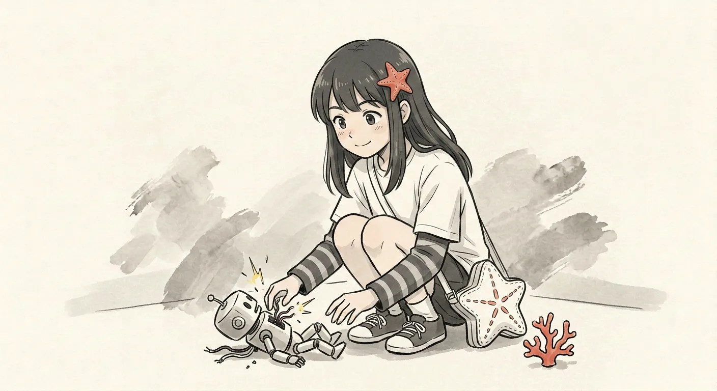 Okane-chan crouched on a beach, poking a small broken robot with one finger, a starfish and coral beside her.