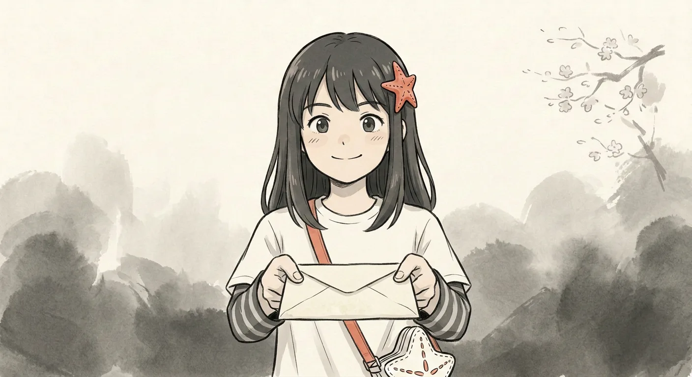Okane-chan holding out a sealed envelope with both hands, smiling, over a soft grey ink wash.