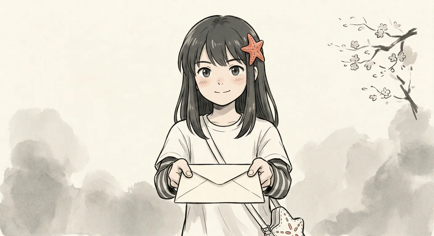 Okane-chan holding out an envelope again, a lighter wash and a plum branch in the corner.