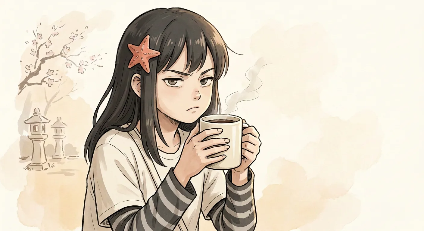 Okane-chan glaring over a steaming white mug held in both hands, unimpressed.