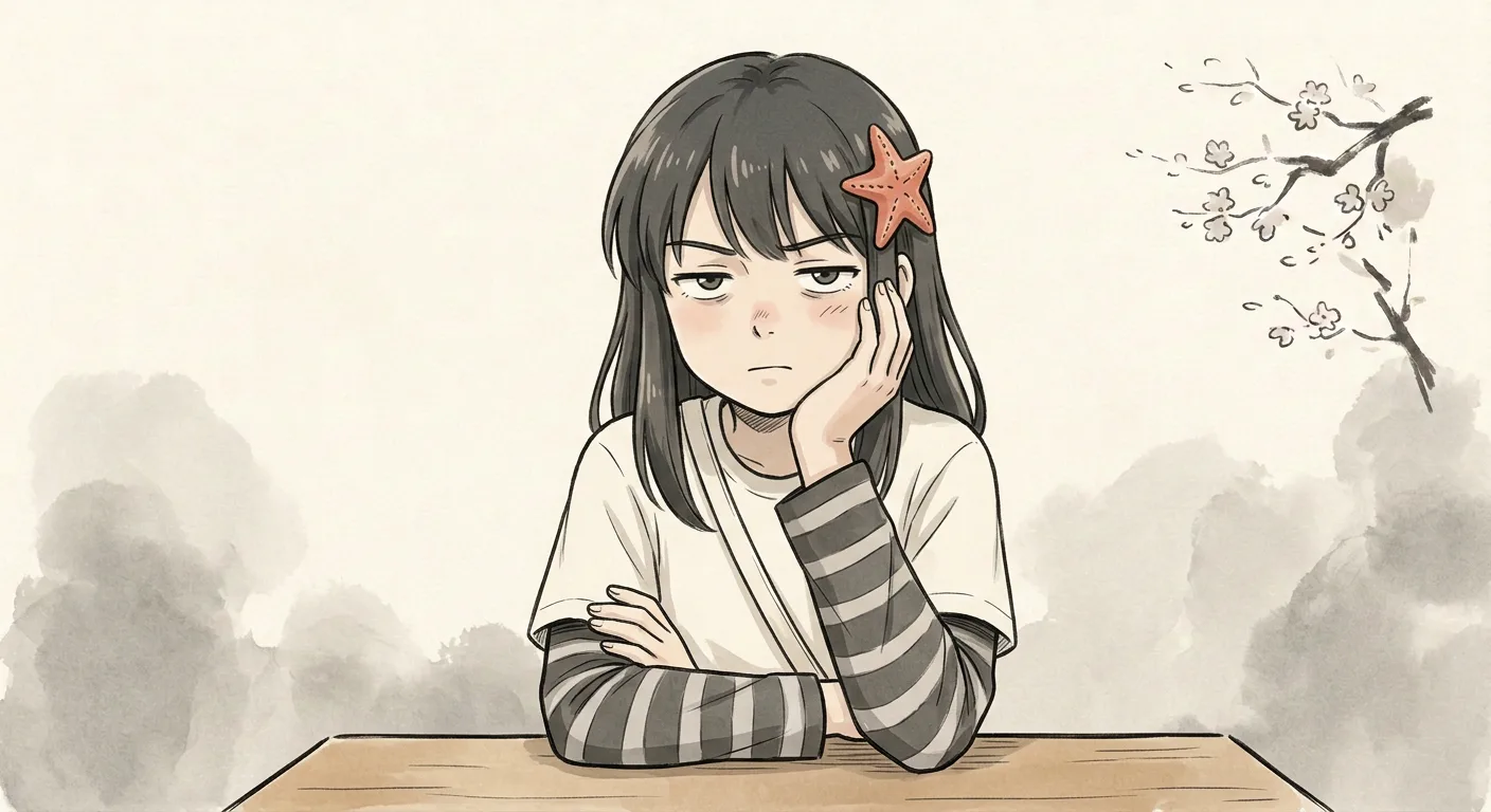 Okane-chan slumped at a wooden desk, cheek on her hand, arms crossed, eyes half closed.