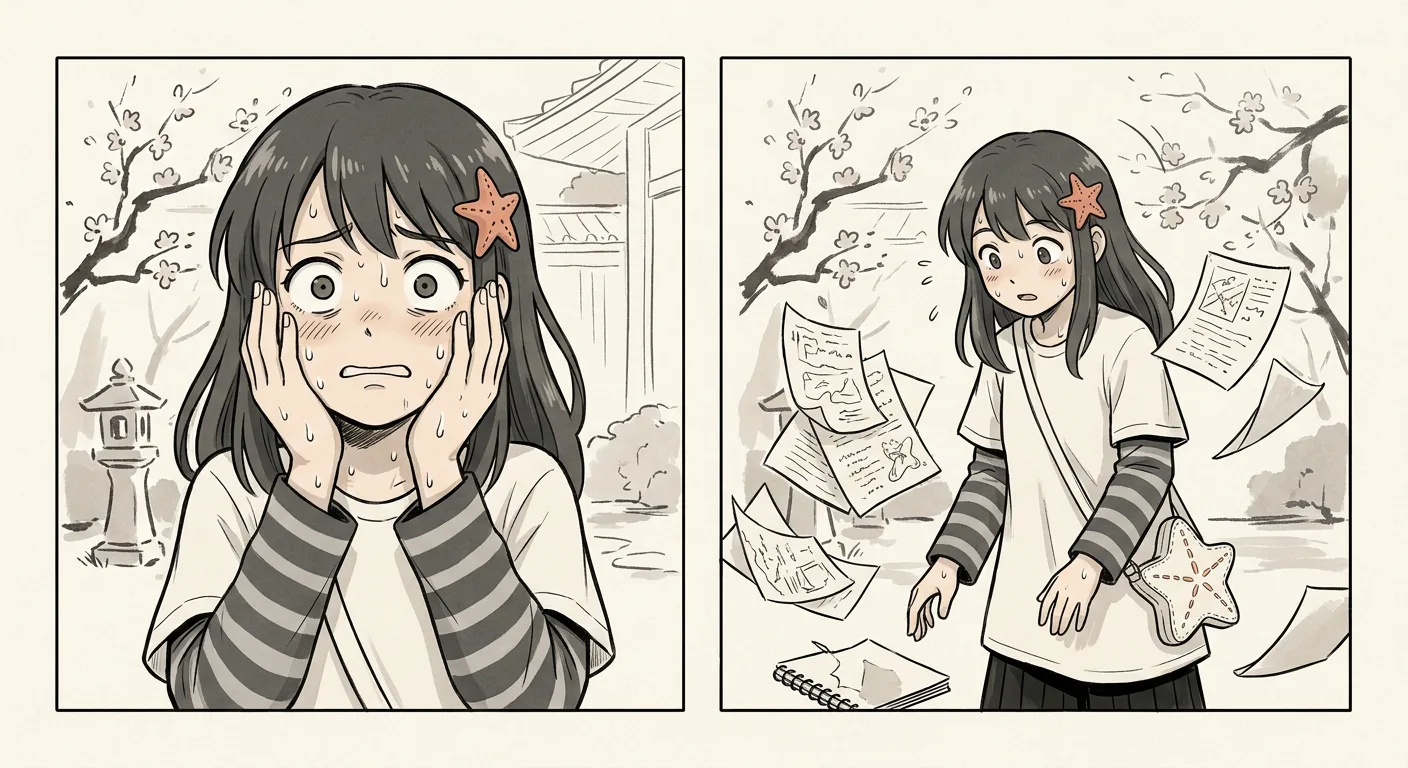 A two-panel strip: Okane-chan clutching her face in shock, then flailing as a stack of papers flies out of her hands.