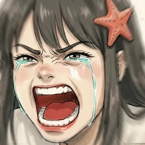 Okane-chan screaming with tears flying.