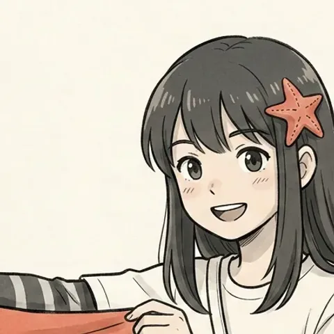 Okane-chan grinning while holding up the Okane Land banner.