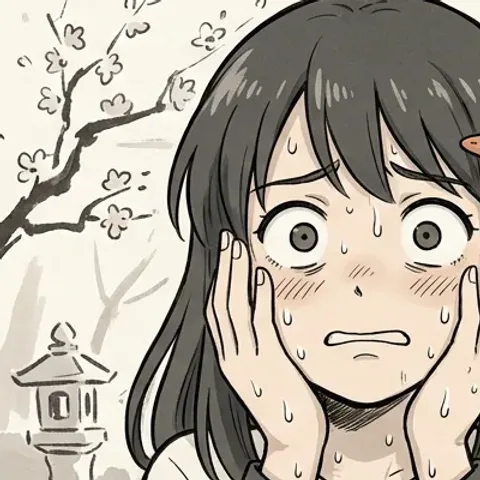 Okane-chan wide-eyed and sweating, hands on her cheeks.