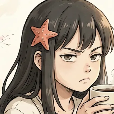 Okane-chan glaring over a coffee mug.