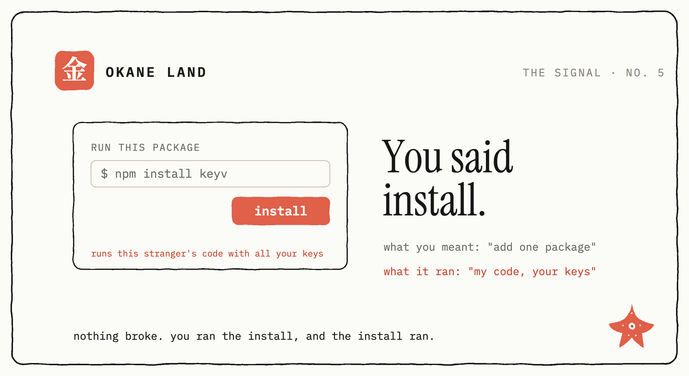 A hand-inked terminal card where the command reads "npm install" on its face and "run this stranger's code with all your keys" underneath in small coral print.
