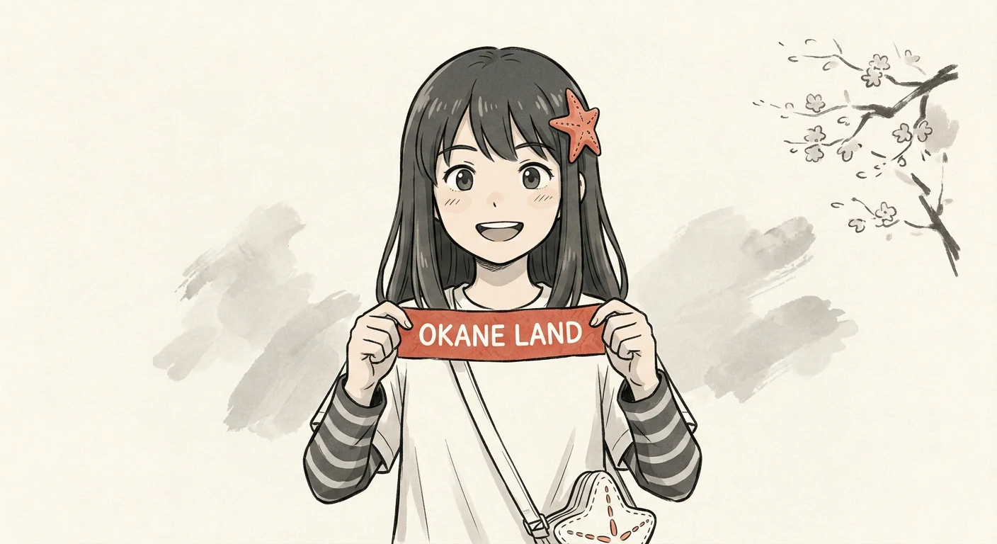 Ink-wash illustration: a girl with a coral starfish hair clip holding up a banner reading Okane Land