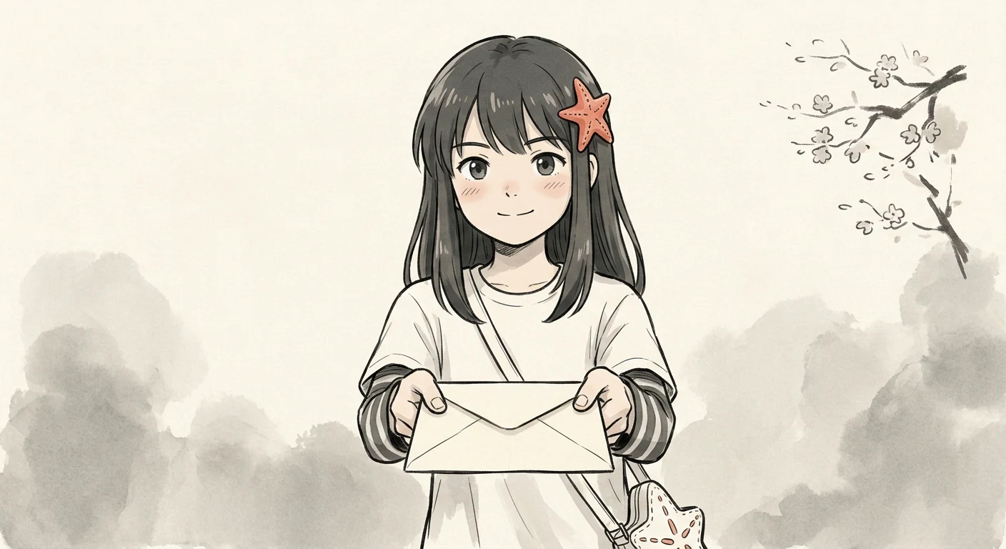 Ink-wash illustration: a girl with a coral starfish hair clip holding out an envelope toward the reader